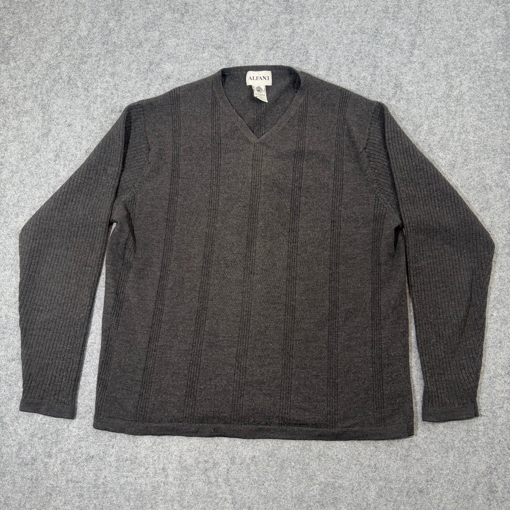 Alfani Sweater Men's L Dark Gray 100% Merino Wool V-Neck Pullover